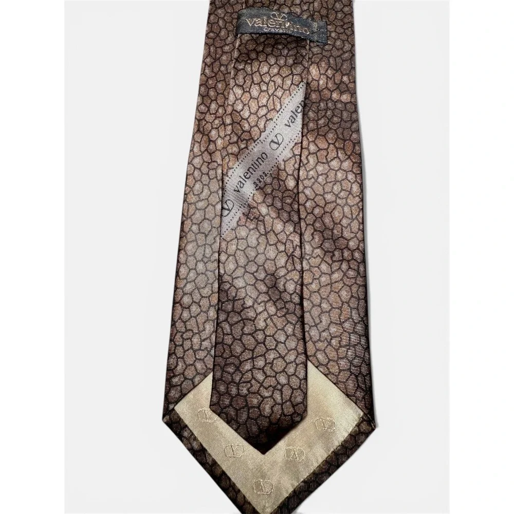 Valentino Cravatte Silk Men's Tie Brown Mosaic Pattern Hand Made in Italy